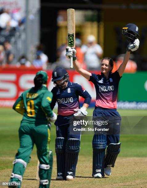 England batsman Sarah Taylor celebrates her century during the ICC Women's World Cup 2017 match between England and South Africa at The County Ground...