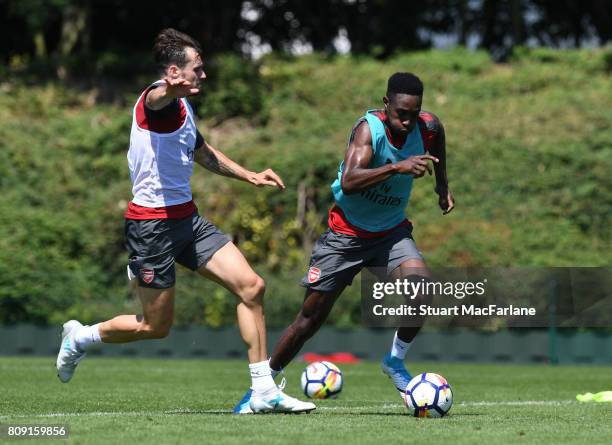 Danny Welbeck and Carl Jenkinson of Arsenal during a training session at London Colney on July 5, 2017 in St Albans, England.