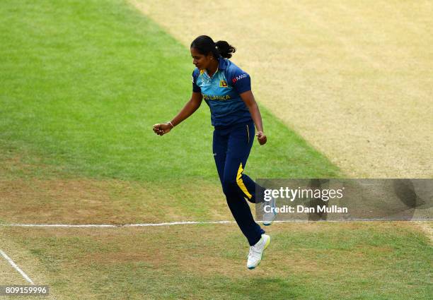 Inoka Ranaweera of Sri Lanka celebrates taking the wicket of Mithali Raj of India during the ICC Women's World Cup 2017 match between Sri Lanka and...