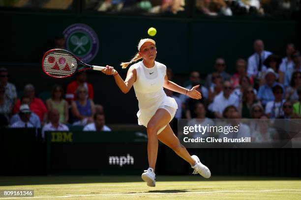 Donna Vekic of Croatia plays a forehand during the Ladies Singles second round match against Johanna Konta of Great Britain on day three of the...