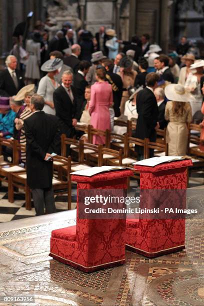 The kneelers in Westminster Abbey in London where Prince William and Kate Middleton will marry later today.