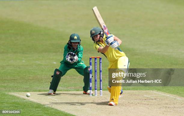 Sidra Nawaz of Pakistan looks on Ellyse Pery of Australia scores runs during The ICC Women's World Cup 2017 match between Pakistan and Australia at...