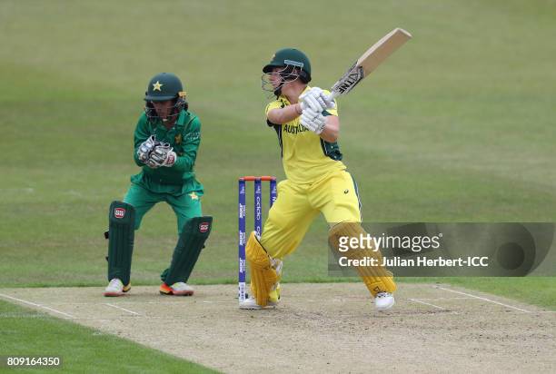 Sidra Nawaz of Pakistan looks on as Elyse Villani of Australia scores runs during The ICC Women's World Cup 2017 match between Pakistan and Australia...