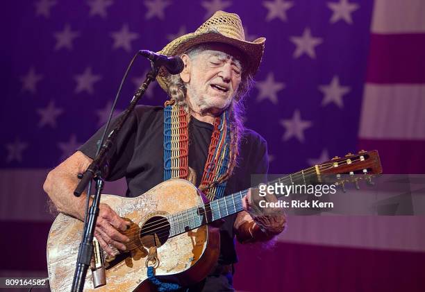 Singer-songwriter Willie Nelson performs onstage during the 44th Annual Willie Nelson 4th of July Picnic at Austin360 Amphitheater on July 4, 2017 in...