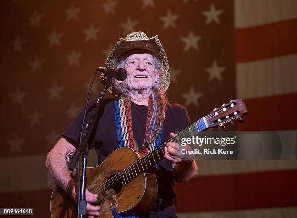 Singer-songwriter Willie Nelson performs onstage during the 44th Annual Willie Nelson 4th of July Picnic at Austin360 Amphitheater on July 4, 2017 in...