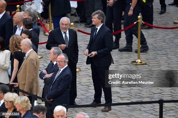 Dominique Strauss Kahn and Arnaud Montebourg attend the tribute to Simone Veil during her funeral at Hotel Des Invalides on July 5, 2017 in Paris,...