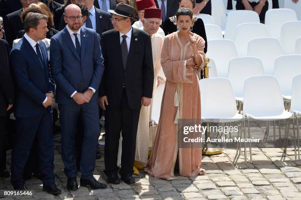 Belgian Prime Minister Charles Michel and Princess Lalla Meryem of Morocco attend the tribute to Simone Veil during her funeral at Hotel Des...