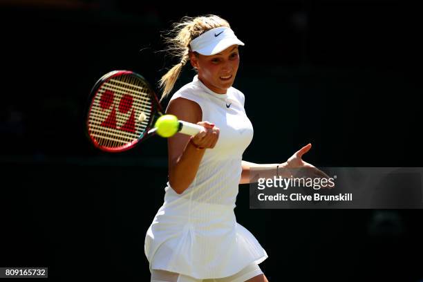 Donna Vekic of Croatia plays a forehand during the Ladies Singles second round match against Johanna Konta of Great Britain on day three of the...