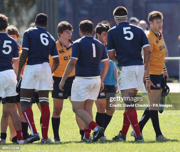 Teams shake hands at the end of the game during the International Under 17's match at Etterickhaugh Road, Selkirk.