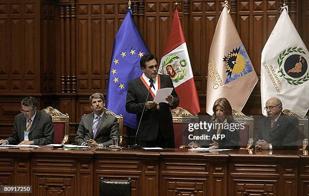 The President of the Peruvian Congress Gonzales Posada delivers a speech during the opening of the Second Plenary of the Euro-Latin American...