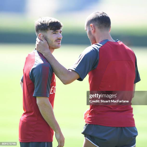 Dan Crowley and Lucas Perez of Arsenal during a training session at London Colney on July 5, 2017 in St Albans, England.