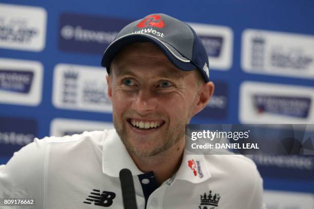 England's captain Joe Root gestures during a press conference at Lord's Cricket Ground in London on July 5 on the eve of the first Test match of the...