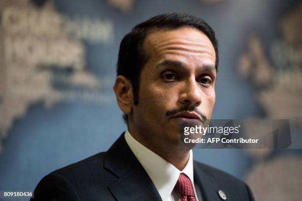Qatari Foreign Minister, Sheikh Mohammed bin Abdulrahman Al-Thani looks on during a Chatham House think tank in London on July 5, 2017. Qatar's...