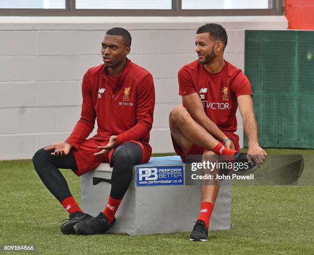 Daniel Sturridge and Kevin Stewart of Liverpool during a training session at Melwood Training Ground on July 5, 2017 in Liverpool, England.