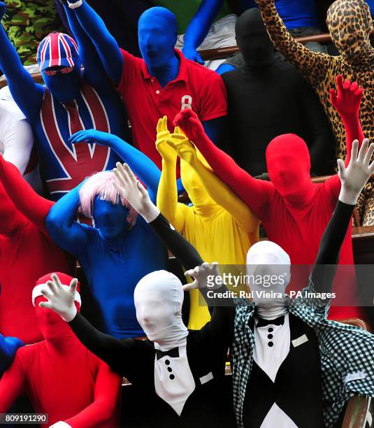 People wearing morphsuits at Drayton Manor Park, Staffordshire, during a failed attempt to beat the current Guinness World Record for the most people...
