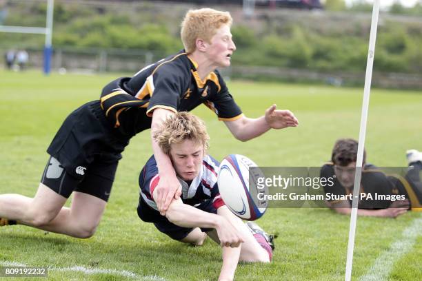 Currie's Nick Pert tackles Aberdeen Grammar's MacLeod Stephen at the corner flag during Scottish Rugby's National Youth League under-16 Bowl Final...