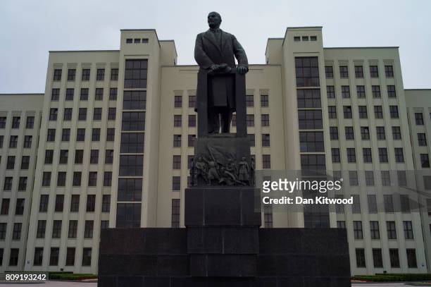 Statue of Vladimir Lenin in front of Government House in Independence Square on July 01, 2017 in Minsk, Belarus. Independence Day, also known as the...