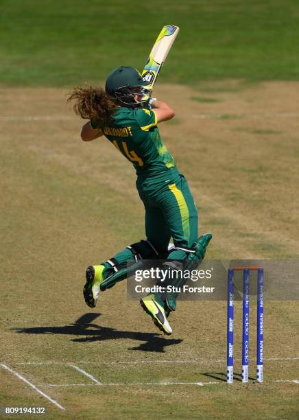 South Africa batsman Laura Wolvaardt hits out during the ICC Women's World Cup 2017 match between England and South Africa at The County Ground on...