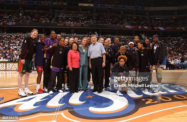 Patsy Mink, Val Ackerman, and Birch Bayh celebrate the 30th Anniversary of Title IX during halftime of the WNBA All-Star game July 15, 2002 in...