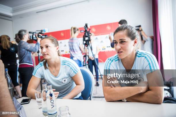 Lisa Weiss and Laura Benkarth talk to the reporter during Germany Women's National Soccer Team Media Day on July 5, 2017 in Heidelberg, Germany.