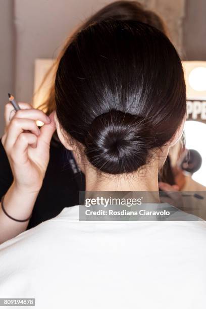 Model is seen backstage , Hair detail, ahead of the Malaikaraiss during the Mercedes-Benz Fashion Week Berlin Spring/Summer 2018 at Kaufhaus Jandorf...