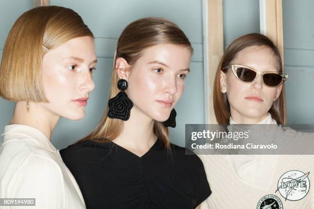 Models are seen backstage ahead of the Malaikaraiss during the Mercedes-Benz Fashion Week Berlin Spring/Summer 2018 at Kaufhaus Jandorf on July 5,...