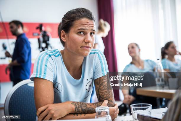 Dzsenifer Marozsan listens to a question of a reporter during Germany Women's National Soccer Team Media Day on July 5, 2017 in Heidelberg, Germany.