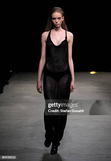 Model showcases an outift by designer Friedrich Gray on the catwalk during the second day of the Rosemount Australian Fashion Week Spring/Summer...