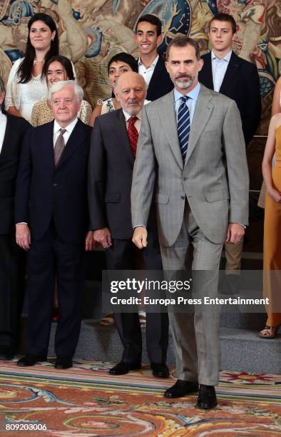 Count of Fontao, Jose Manuel Romero Moreno, Alberto Aza and King Felipe of Spain attend audiences at Zazuela Palace on July 5, 2017 in Madrid, Spain.