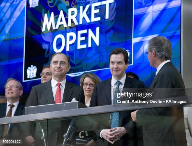 Chancellor of the Exchequer George Osborne is joined by Chris Gibson-Smith, LSE Group Chairman , Chief Executive Xavier Rolet as he launches the...