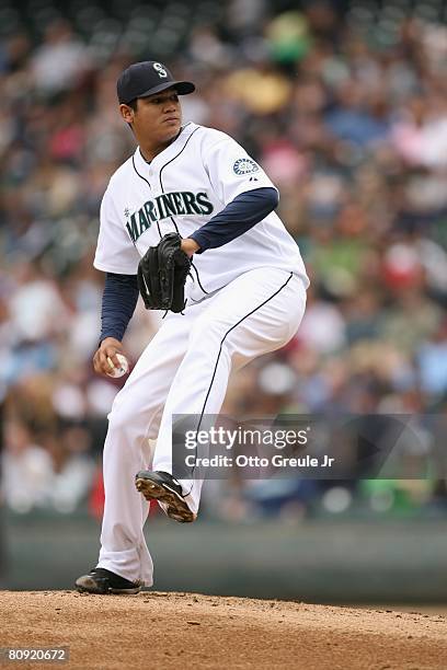 Felix Hernandez of the Seattle Mariners pitches against the Oakland Athletics on April 27, 2008 at Safeco Field in Seattle, Washington.