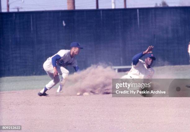 Lou Brock of the Chicago Cubs steals second base as Maury Wills of the Los Angeles Dodgers is late with the tag during an MLB Spring Training game...