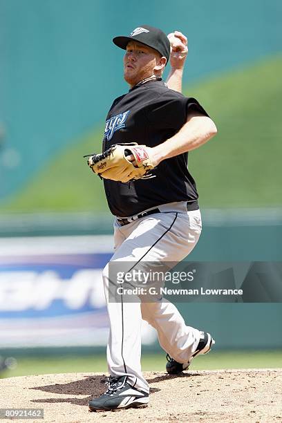 Jesse Litsch of the Toronto Blue Jays delivers a pitch during the MLB game against the Kansas City Royals on April 27, 2008 at Kauffman Stadium in...