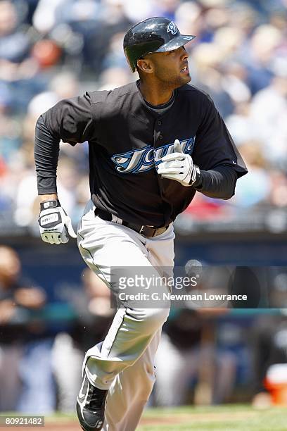 Alex Rios of the Toronto Blue Jays runs to firstbase during the MLB game against the Kansas City Royals on April 27, 2008 at Kauffman Stadium in...