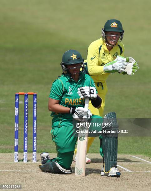 Alyssa Healy of Australia celebrates the wicket of Marina Iqbal of Pakistan during The ICC Women's World Cup 2017 match between Pakistan and...