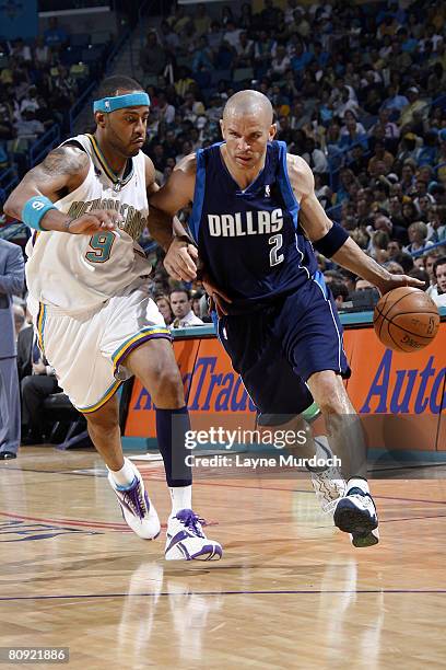 Jason Kidd of the Dallas Mavericks drives against Morris Peterson of the New Orleans Hornets in Game Five of the Western Conference Quarterfinals...