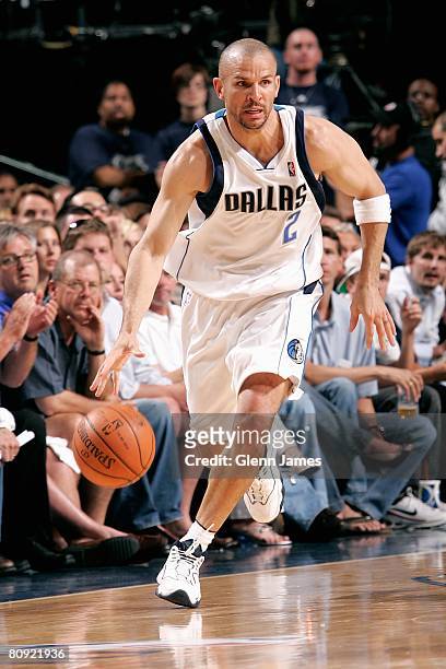 Jason Kidd of the Dallas Mavericks brings the ball upcourt in Game Three of the Western Conference Quarterfinals against the New Orleans Hornets...