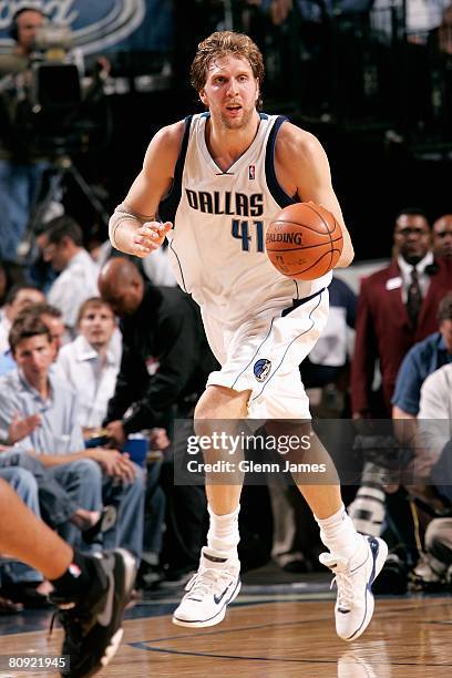 Dirk Nowitzki of the Dallas Mavericks drives the ball upcourt in Game Three of the Western Conference Quarterfinals against the New Orleans Hornets...