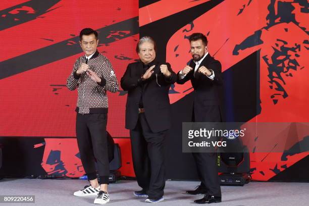 Actor Louis Koo, actor Sammo Hung and Canadian actor Chris Collins attend the press conference of film "Paradox" on July 5, 2017 in Beijing, China.