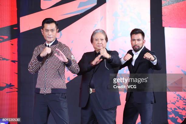 Actor Louis Koo, actor Sammo Hung and Canadian actor Chris Collins attend the press conference of film "Paradox" on July 5, 2017 in Beijing, China.
