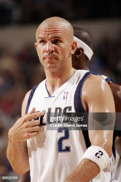 Jason Kidd of the Dallas Mavericks looks on in Game Four of the Western Conference Quarterfinals against the New Orleans Hornets during the 2008 NBA...