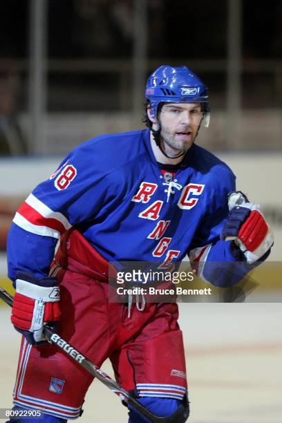 Jaromir Jagr of the New York Rangers reacts to his goal to tie the score in the second period against the Pittsburgh Penguins during Game 3 of the...