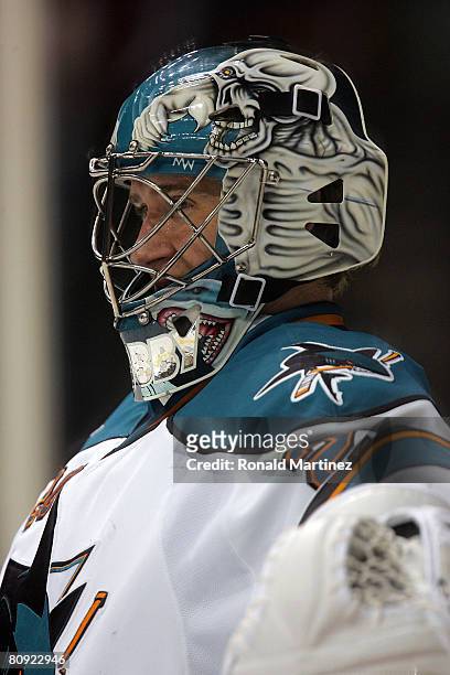 Goaltender Evgeni Nabokov of the San Jose Sharks in goal against the Dallas Stars during game three of the Western Conference Semifinals of the 2008...