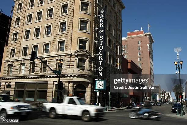 Cars drive through the downtown area April 29, 2008 in Stockton, California. As the nation continues to see widespread home loan foreclosures,...