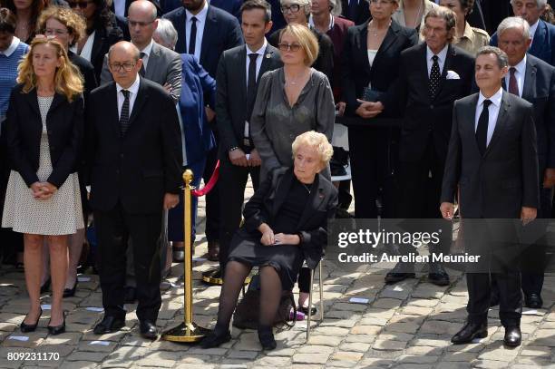 French Minister of Foreign Affairs Jean Yves Le Drian, Bernadette Chirac and Former French President Nicols Sarkozy attend Simone Veil funeral at...