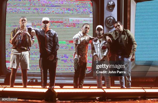 Bad Bunny, Wisin, De la Ghetto, Ozuna and Arcangel rehearses on stage during Univision's "Premios Juventud" 2017 Celebrates The Hottest Musical...