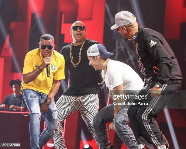 Randy, Alexander of Gente de Zona, Chyno Mirando and Wisin rehearses on stage during Univision's "Premios Juventud" 2017 Celebrates The Hottest...