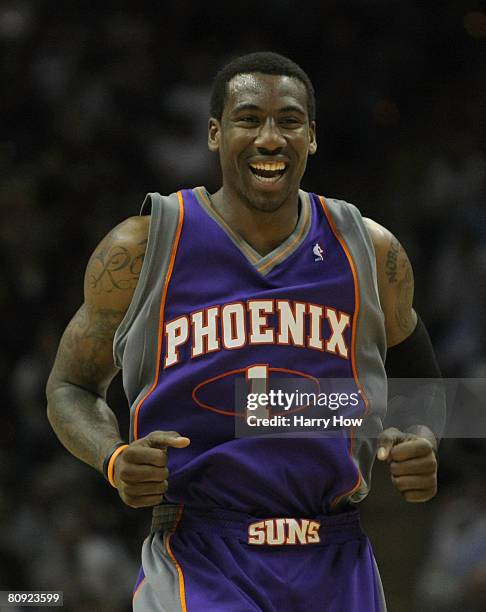 Amare Stoudemire of the Phoenix Suns reacts to no foul called after his layup against the San Antonio Spurs during the second quarter in Game Five of...