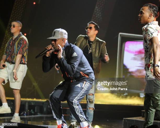 Wisin and De la Ghetto rehearses on stage during Univision's "Premios Juventud" 2017 Celebrates The Hottest Musical Artists And Young Latinos...