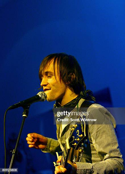 Musician Sondre Lerche performs live during "Target Music Night" at the NY Academy of Art during the 2008 Tribeca Film Festival on April 29, 2008 in...